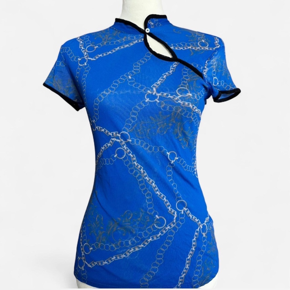 Y2K Blue mesh top with silver chain print, black trim, and a keyhole neckline